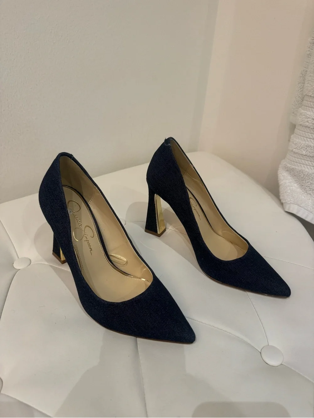 Jessica Simpson Dark Navy Denim and Gold Pointed-Toe Pumps